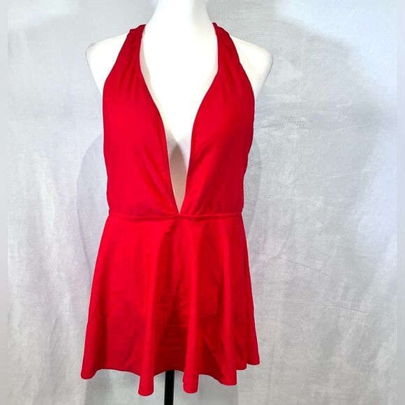 Red sexy plunging low cut wrap tie back one piece skirt swimsuit size XL NWOT - Picture 4 of 9